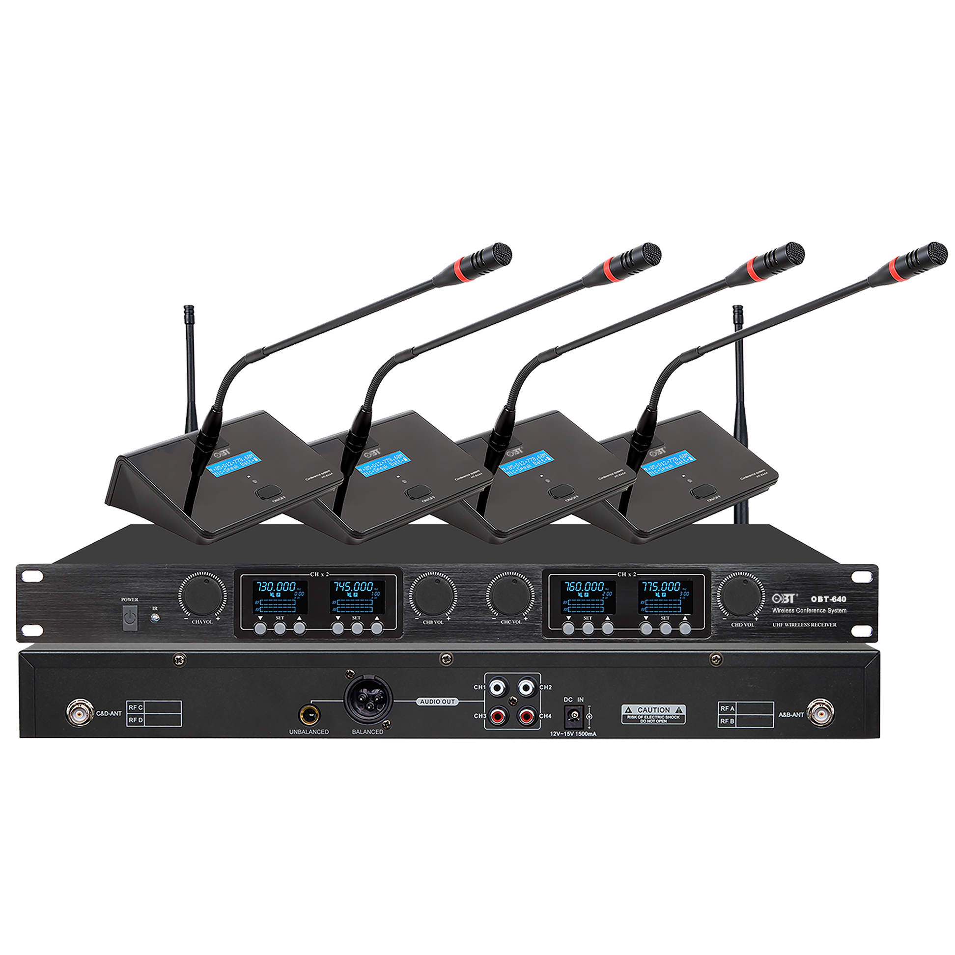 U段無線會(huì)議系統(tǒng)一拖四無線話筒套裝 OBT-640