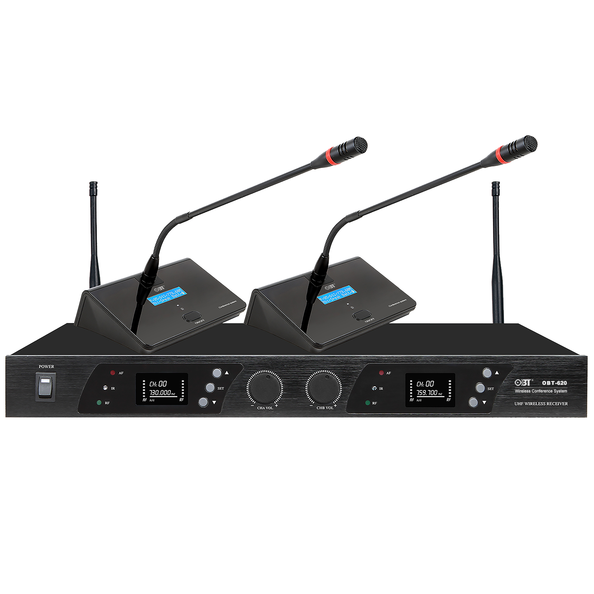 U段無線會(huì)議系統(tǒng)一拖二無線話筒套裝 OBT-620