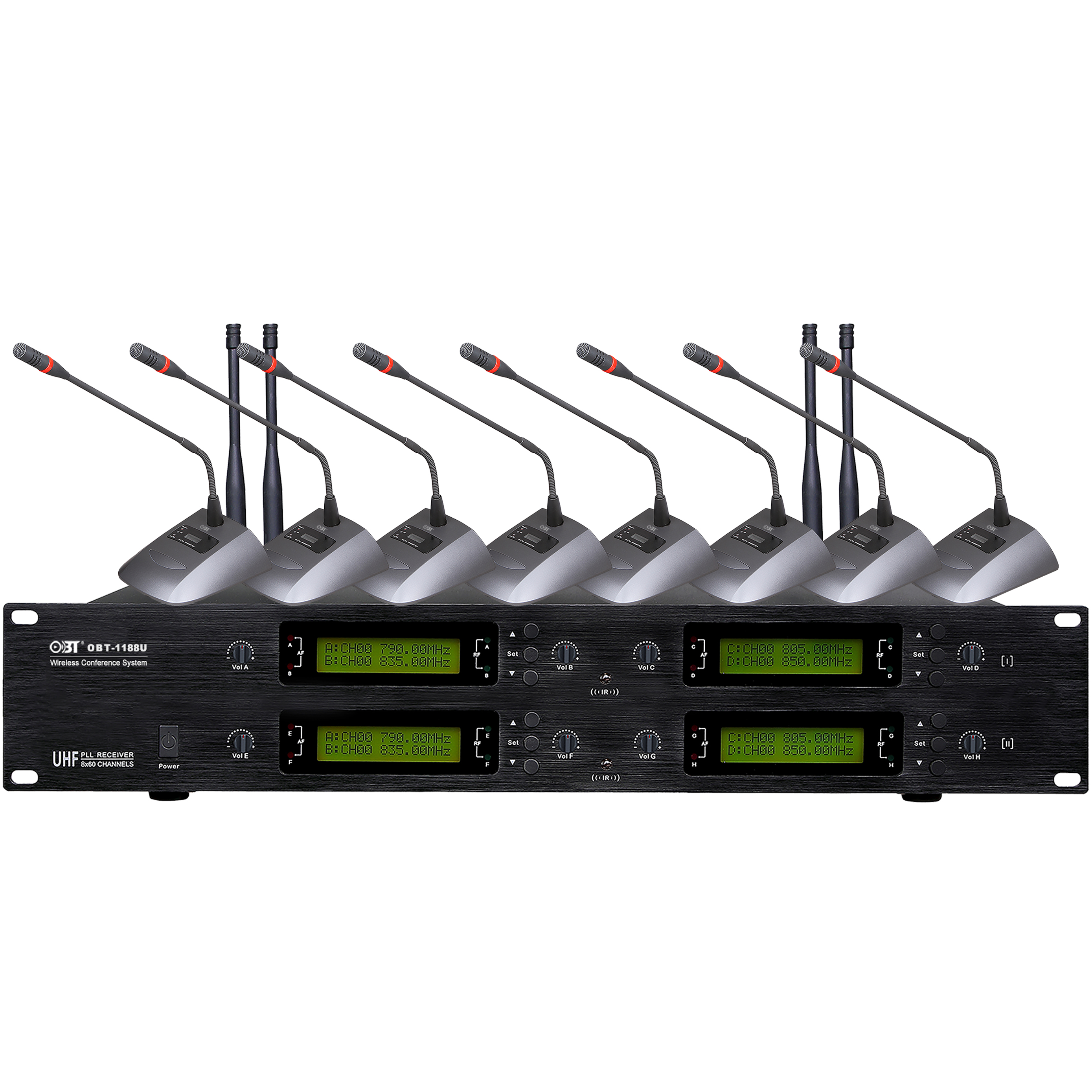 U段無線會(huì)議系統(tǒng)一拖八無線話筒套裝 OBT-1188U