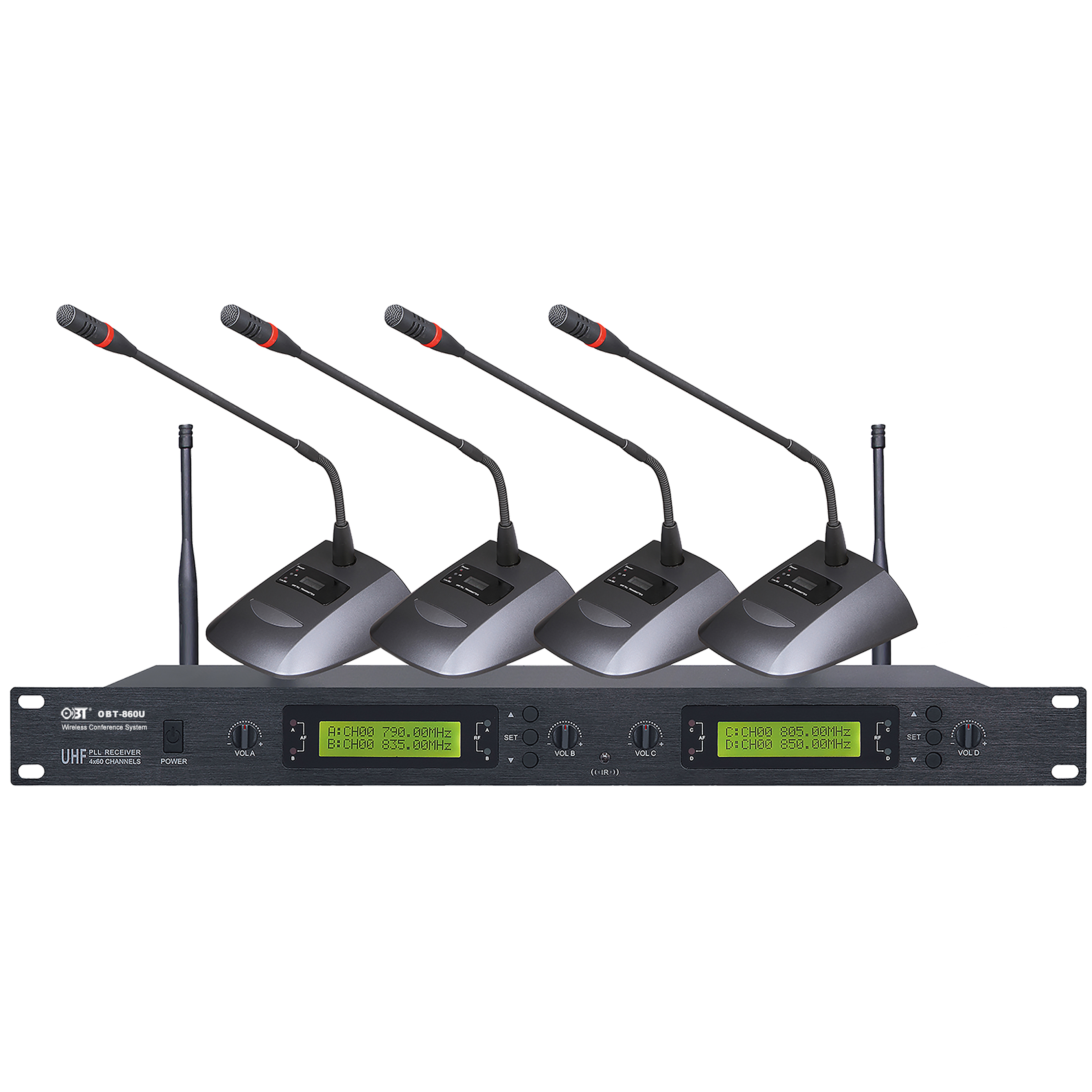 U段無線會(huì)議系統(tǒng)一拖四無線話筒套裝 OBT-860U